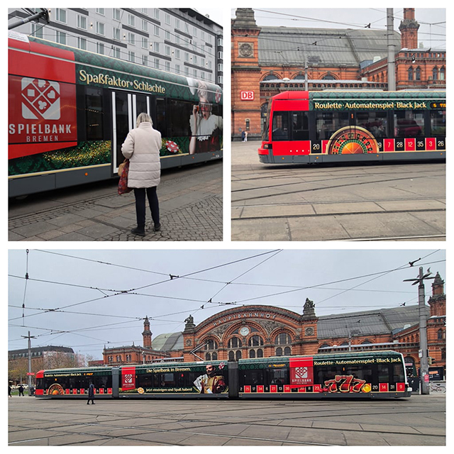 Collage of the new tram with Spielbank Bremen advertising
